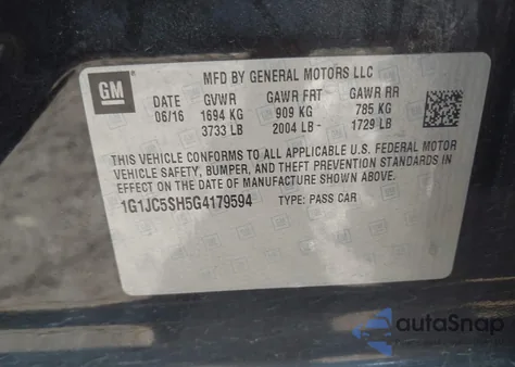 2016 Chevrolet Sonic Lt Auto z USA, uszkodzony, nr VIN 1G1JC5SH5G4179594